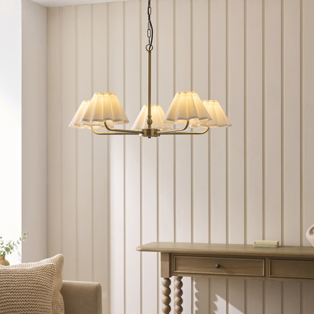 Endon Sylvie 5 Light Pendant Light in Antique Brass with Vintage White Cotton Shades