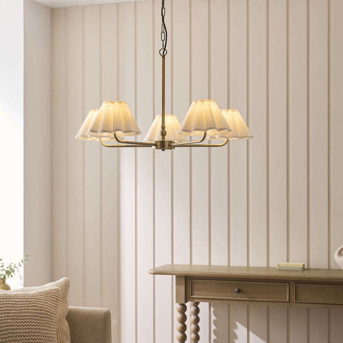 Endon Sylvie 5 Light Pendant Light in Antique Brass with Vintage White Cotton Shades