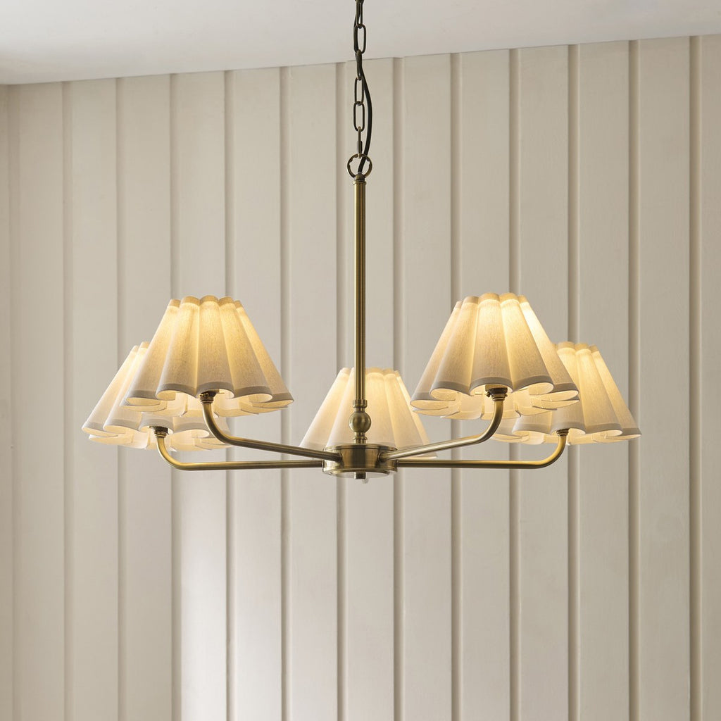 Endon Sylvie 5 Light Pendant Light in Antique Brass with Vintage White Cotton Shades