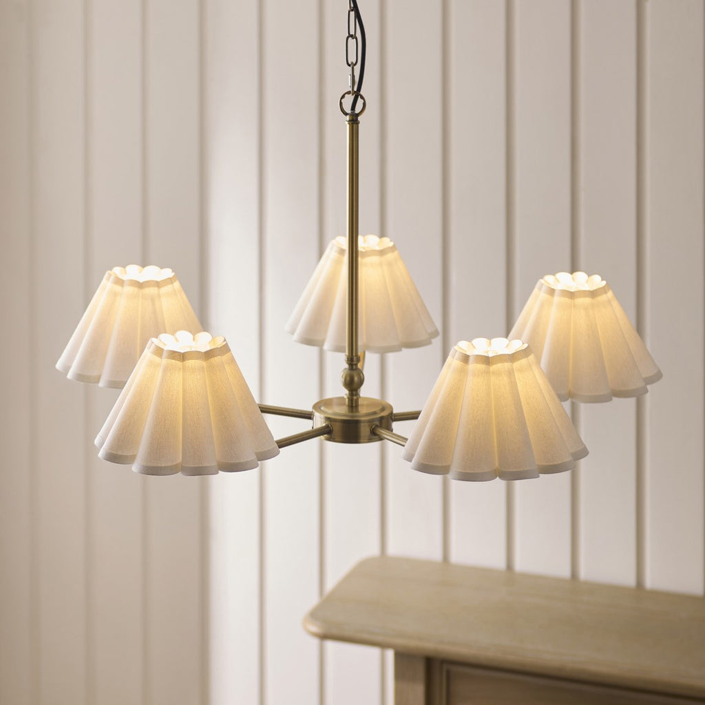Endon Sylvie 5 Light Pendant Light in Antique Brass with Vintage White Cotton Shades