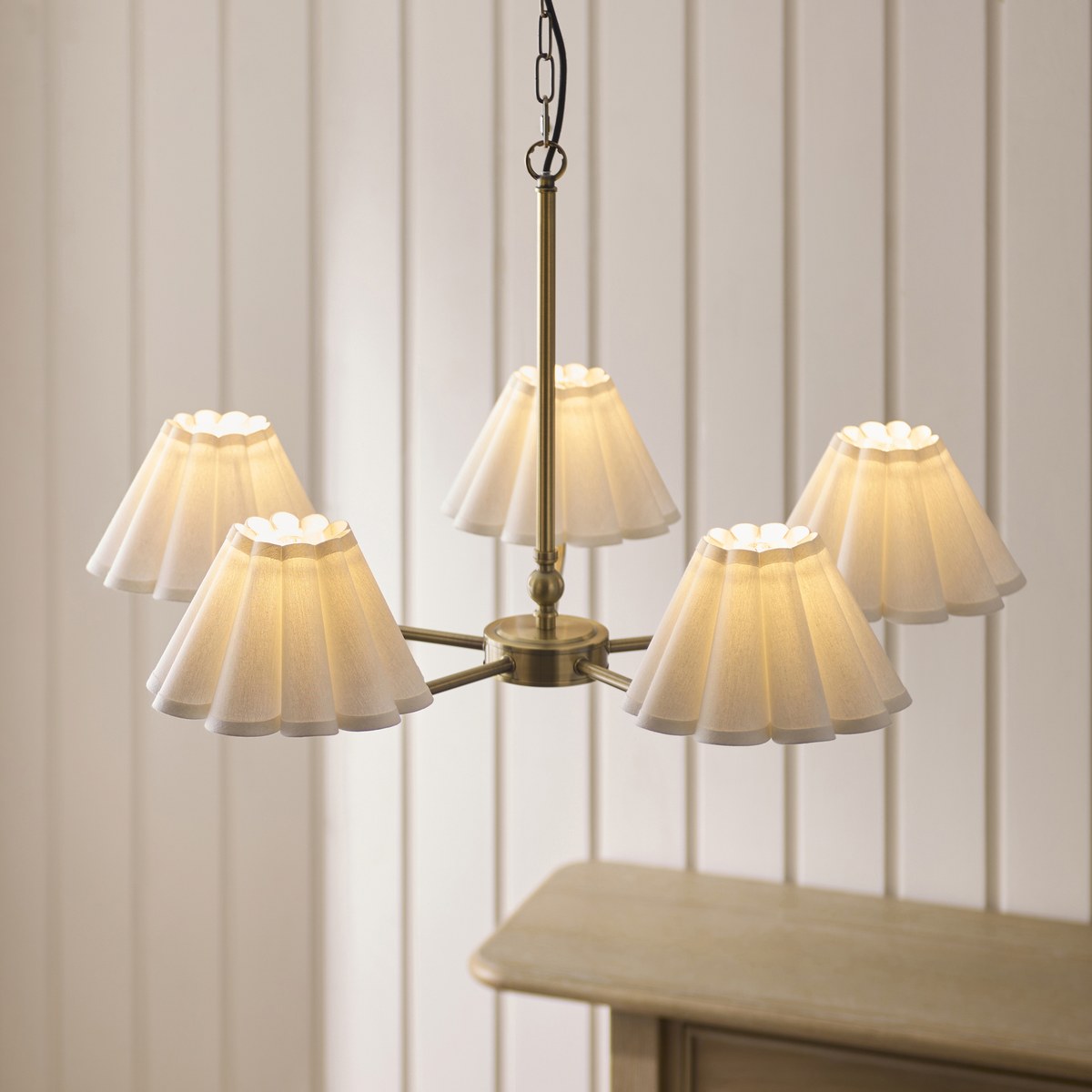 Endon Sylvie 5 Light Pendant Light in Antique Brass with Vintage White Cotton Shades