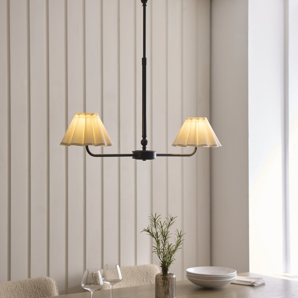 Endon Sylvie 2 Light Pendant Light in Matt Black with Vintage White Cotton Shades