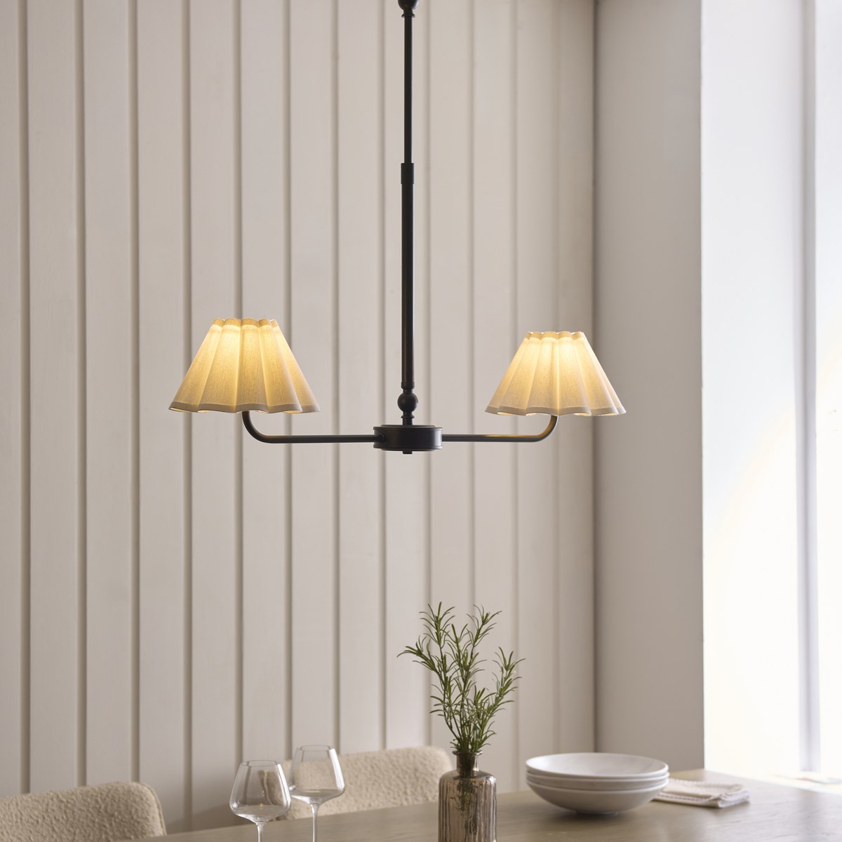 Endon Sylvie 2 Light Pendant Light in Matt Black with Vintage White Cotton Shades