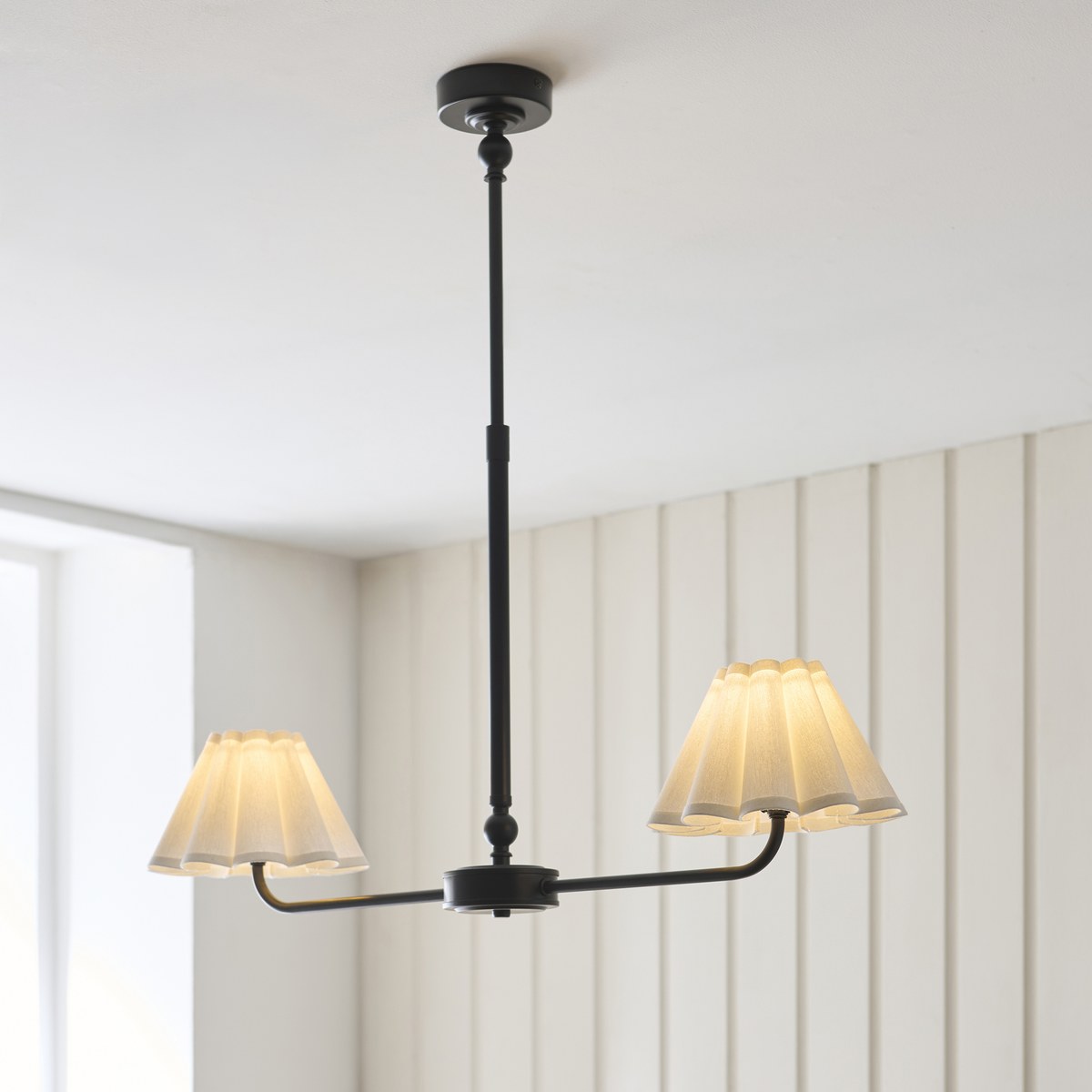 Endon Sylvie 2 Light Pendant Light in Matt Black with Vintage White Cotton Shades