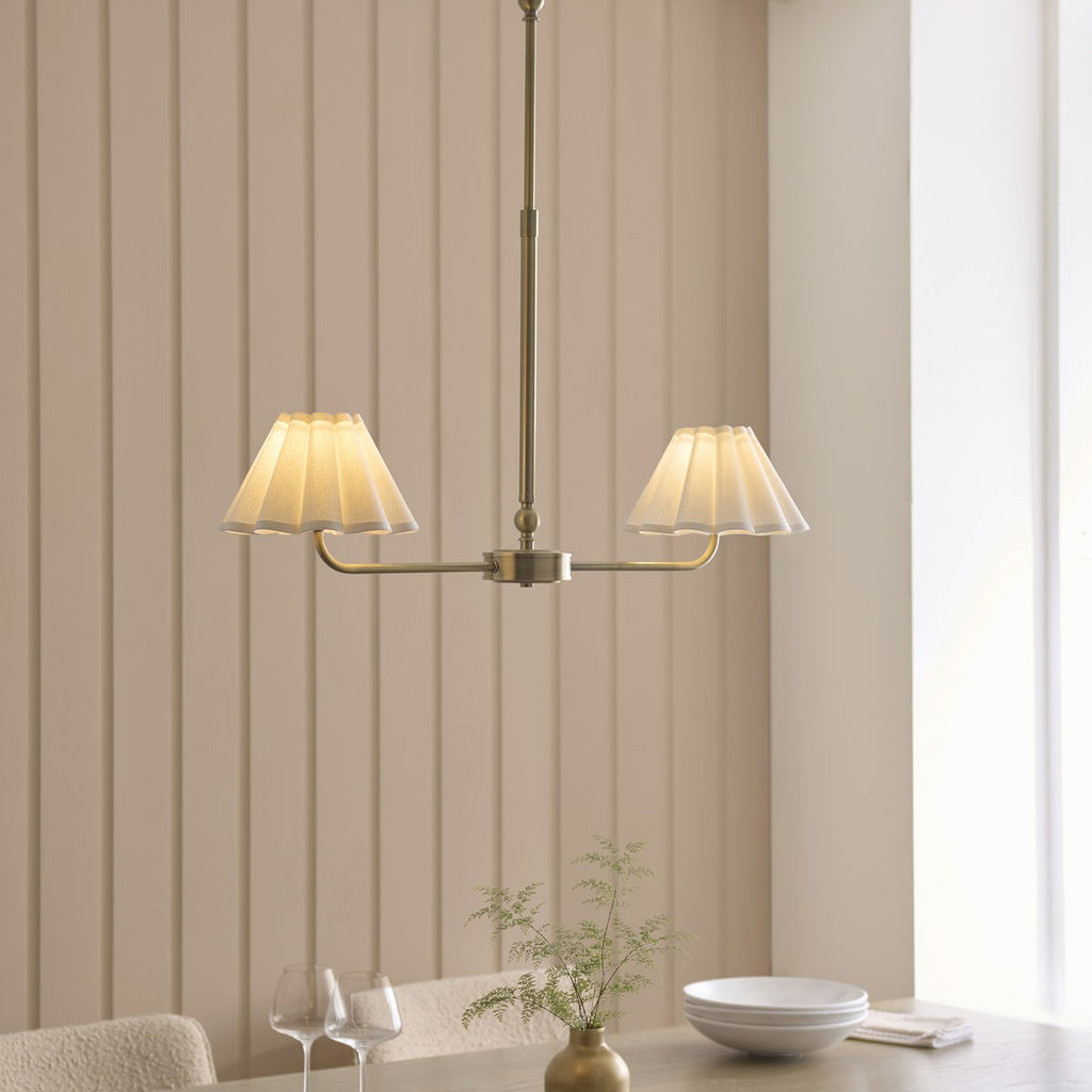Endon Sylvie 2 Light Pendant Light in Antique Brass with Vintage White Cotton Shades