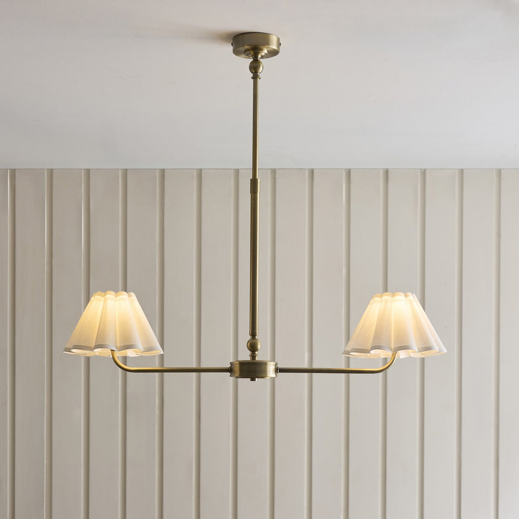 Endon Sylvie 2 Light Pendant Light in Antique Brass with Vintage White Cotton Shades