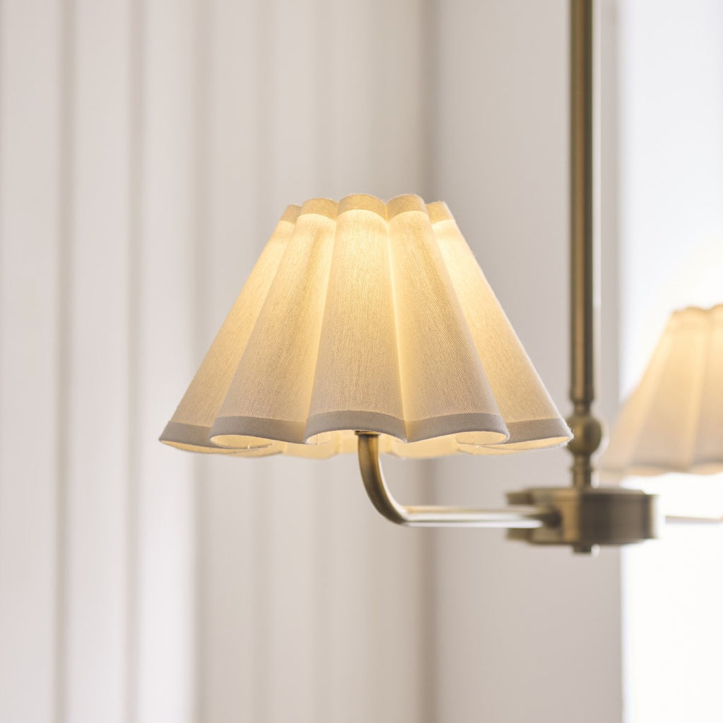 Endon Sylvie 2 Light Pendant Light in Antique Brass with Vintage White Cotton Shades