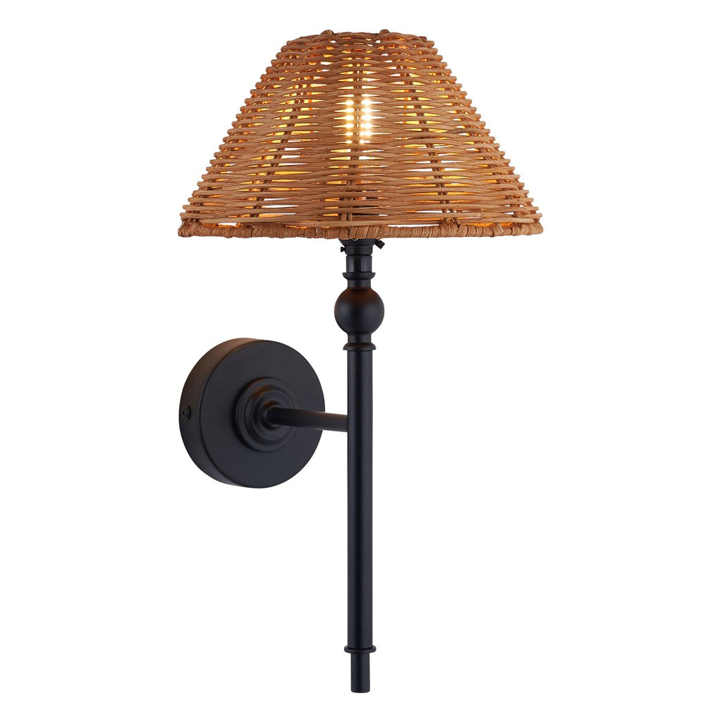 Endon Jericho Wall Light in Matt Black with Dark Rattan Shade