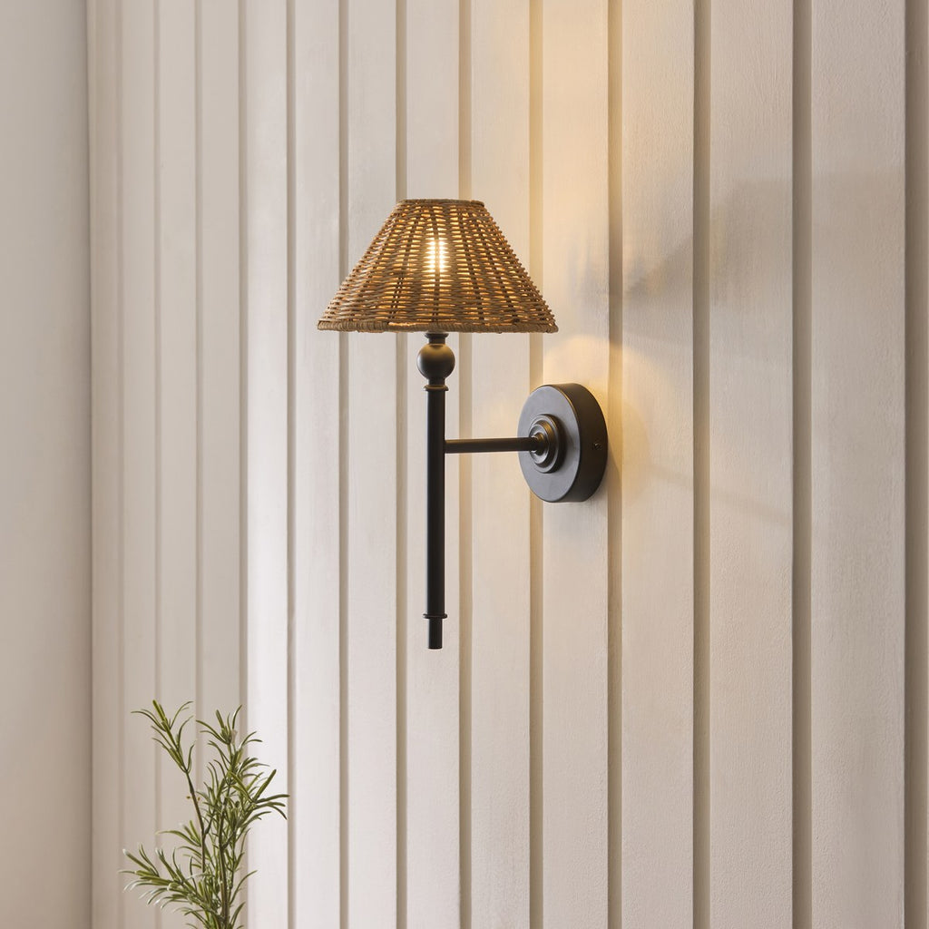 Endon Jericho Wall Light in Matt Black with Dark Rattan Shade