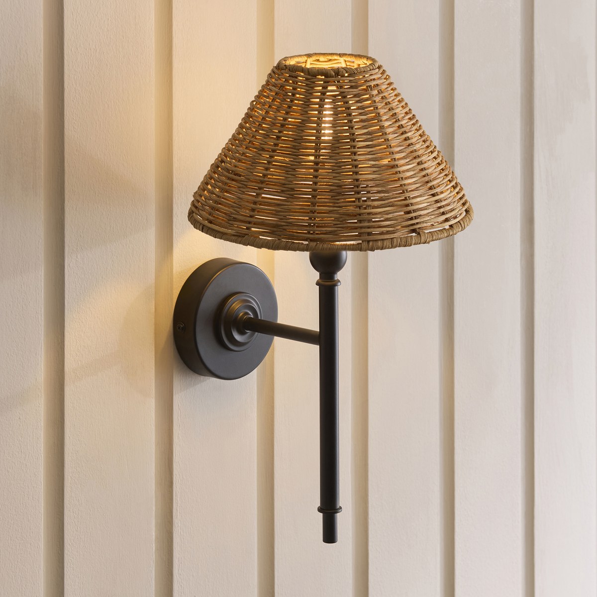 Endon Jericho Wall Light in Matt Black with Dark Rattan Shade