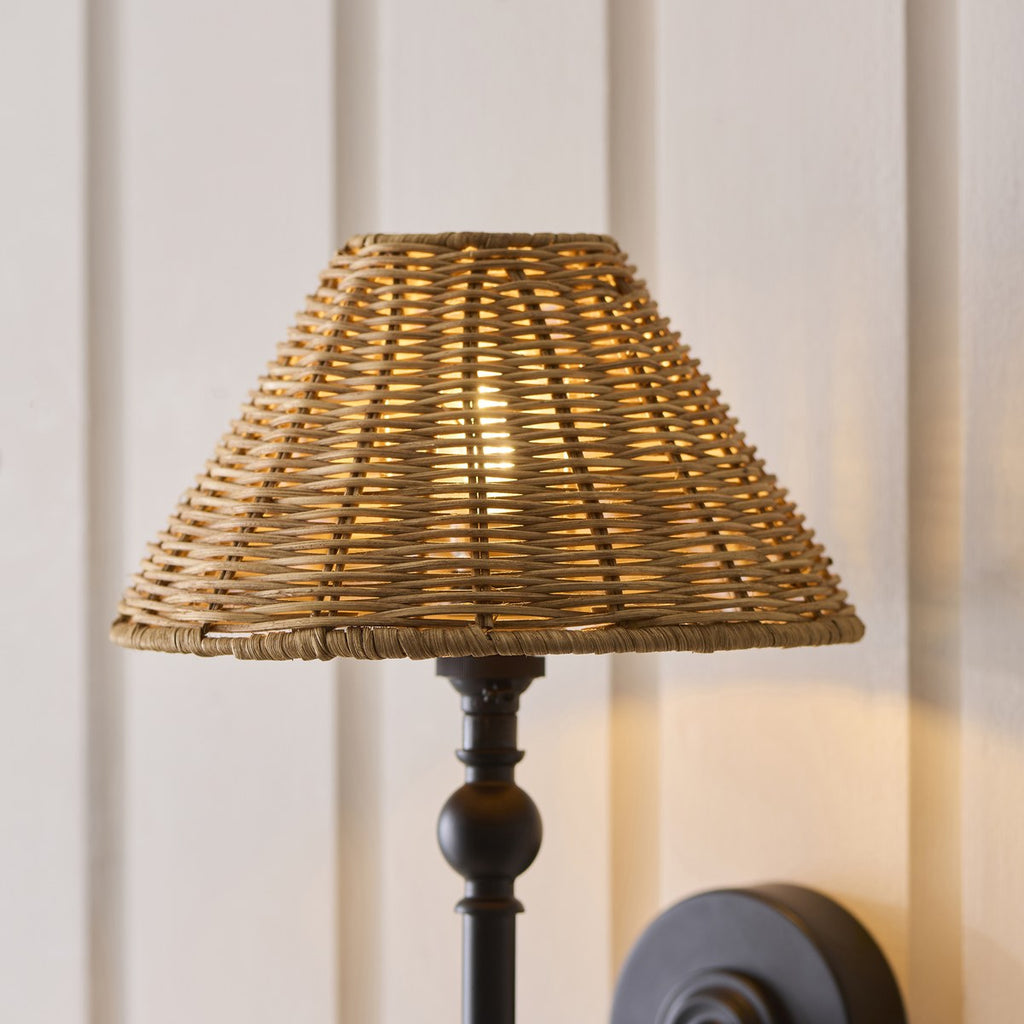 Endon Jericho Wall Light in Matt Black with Dark Rattan Shade