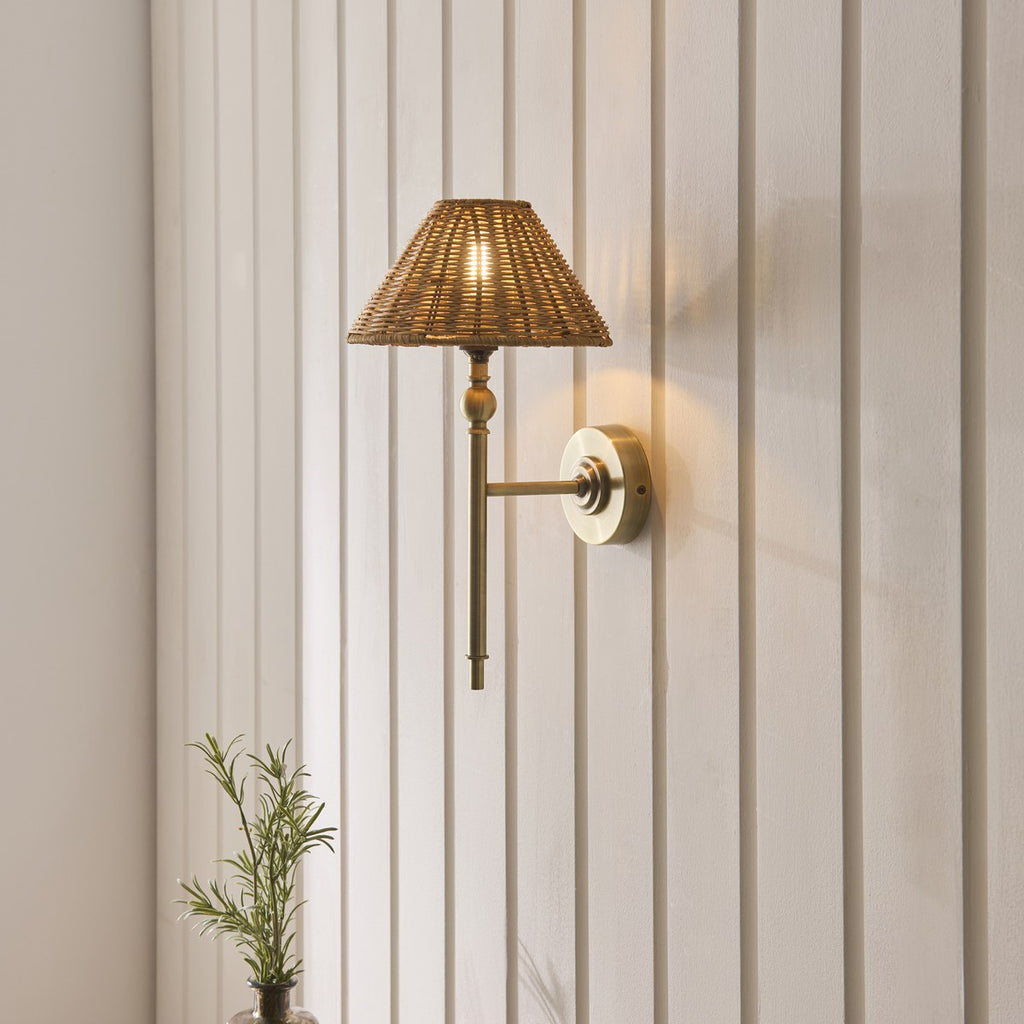 Endon Jericho Wall Light in Antique Brass with Dark Rattan Shade