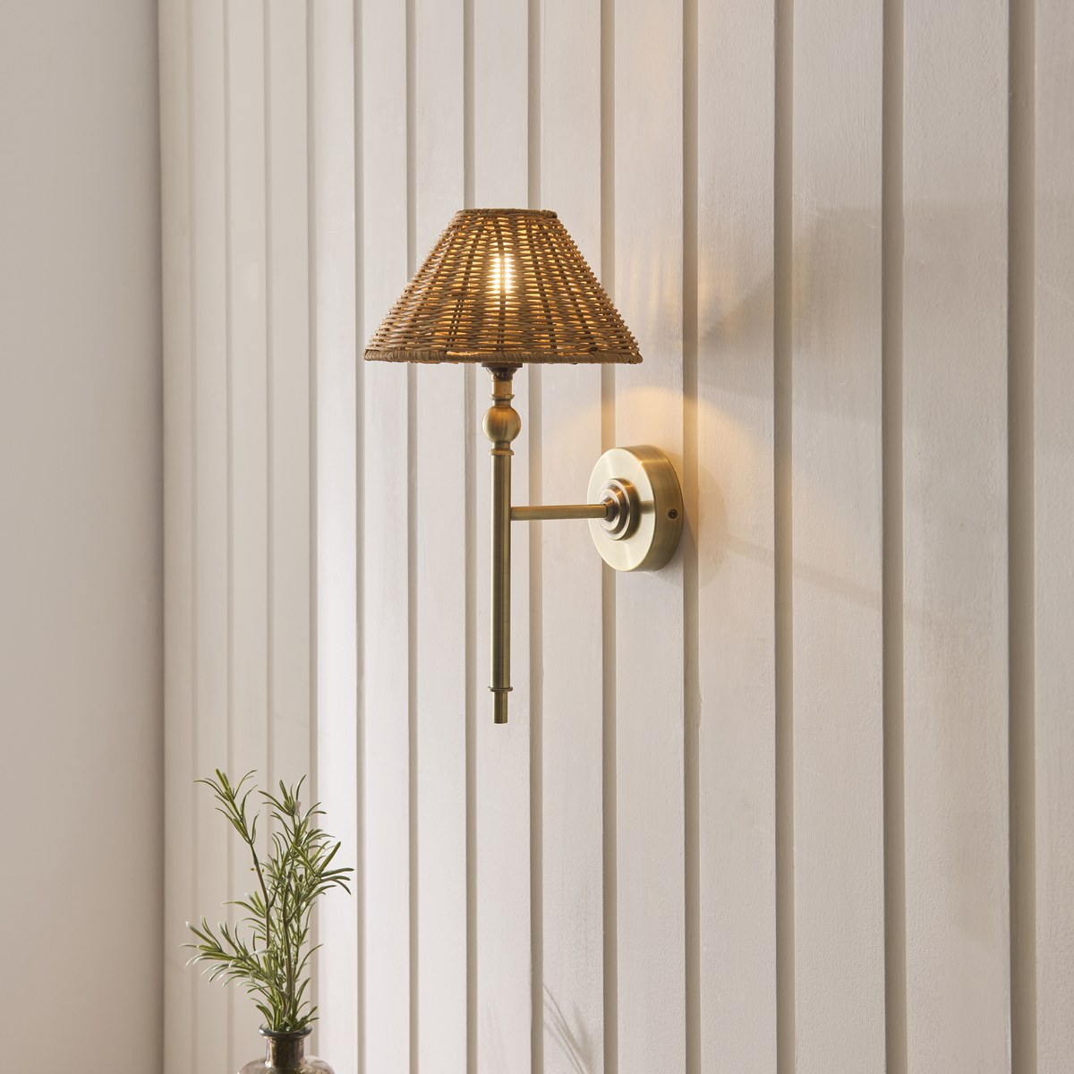 Endon Jericho Wall Light in Antique Brass with Dark Rattan Shade