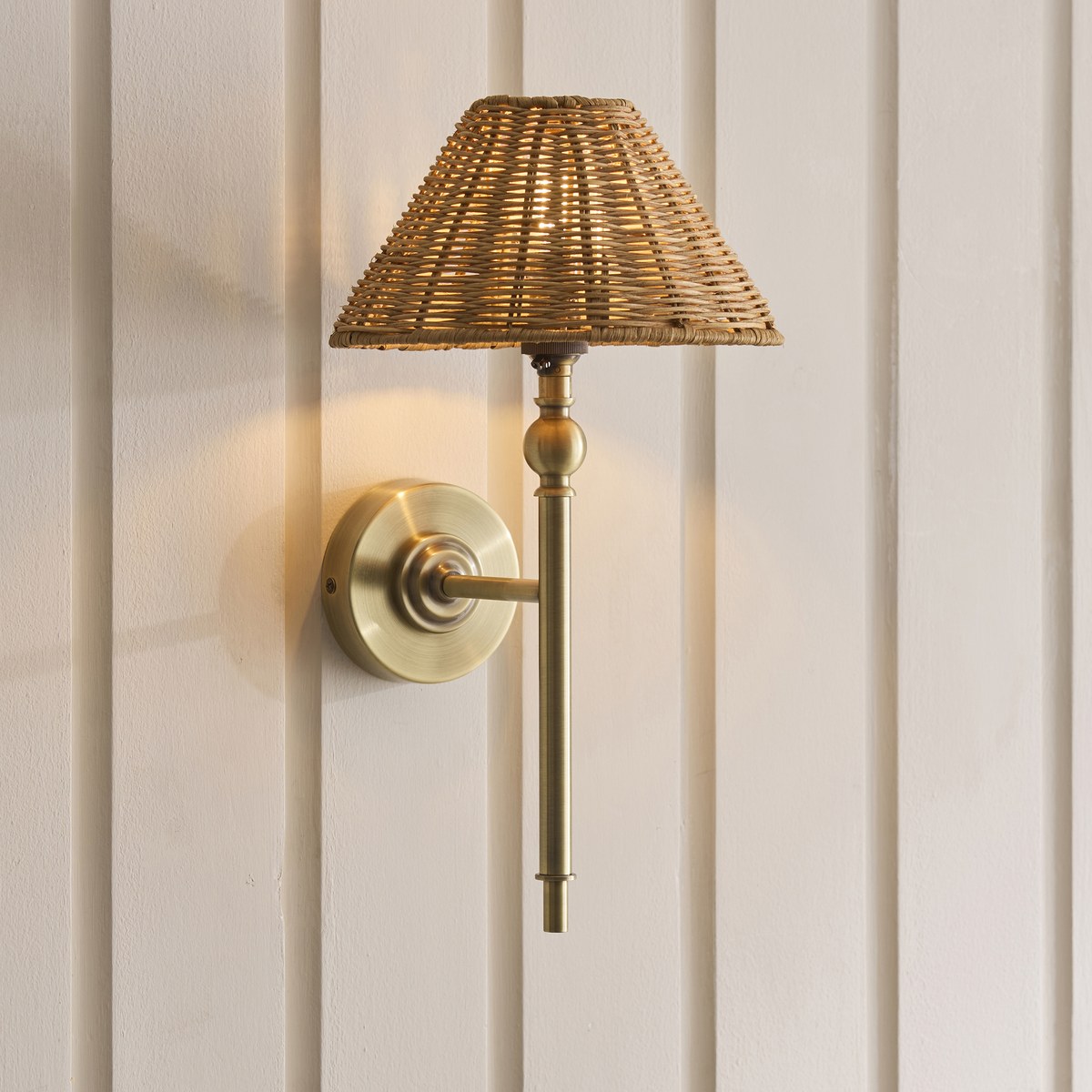 Endon Jericho Wall Light in Antique Brass with Dark Rattan Shade
