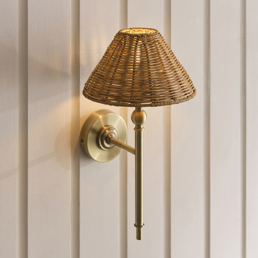 Endon Jericho Wall Light in Antique Brass with Dark Rattan Shade