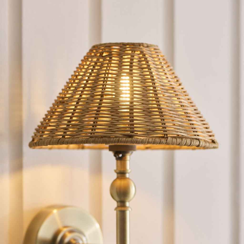 Endon Jericho Wall Light in Antique Brass with Dark Rattan Shade