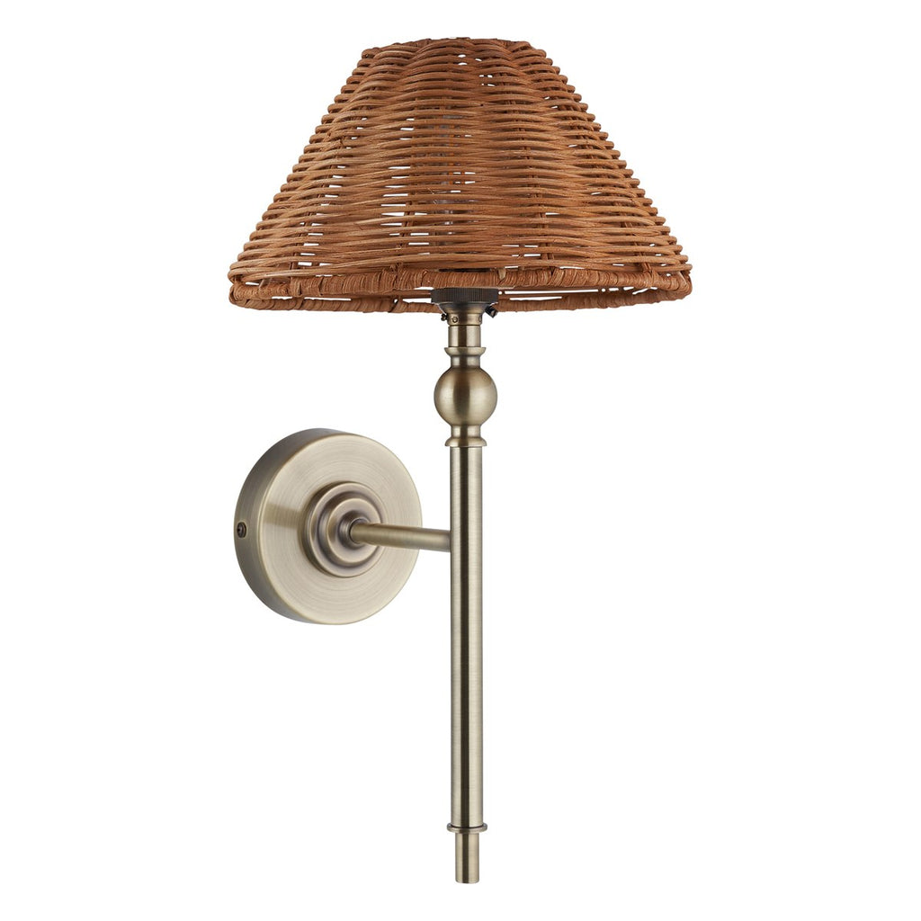 Endon Jericho Wall Light in Antique Brass with Dark Rattan Shade