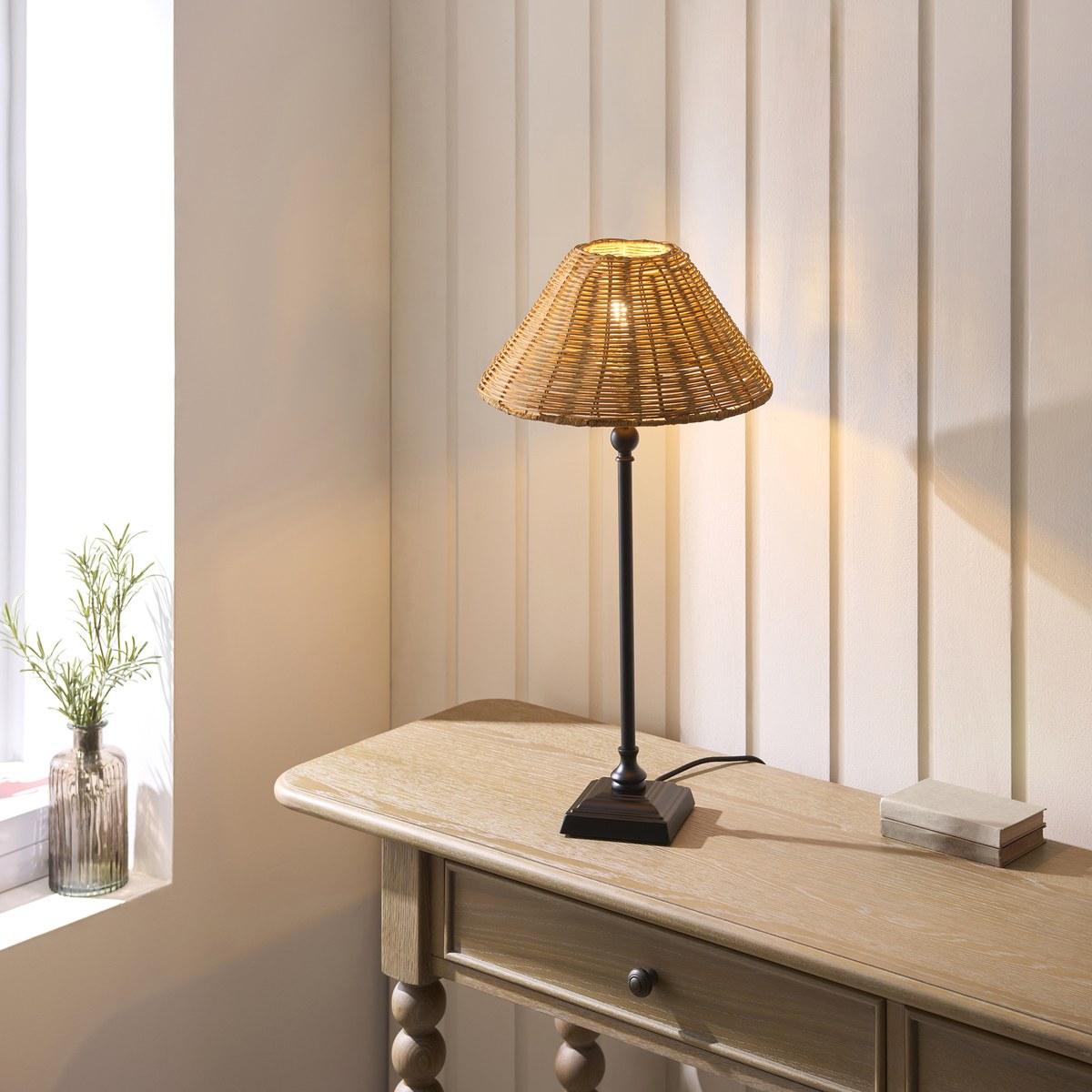 Endon Jericho Table Lamp in Matt Black with Dark Rattan Shade