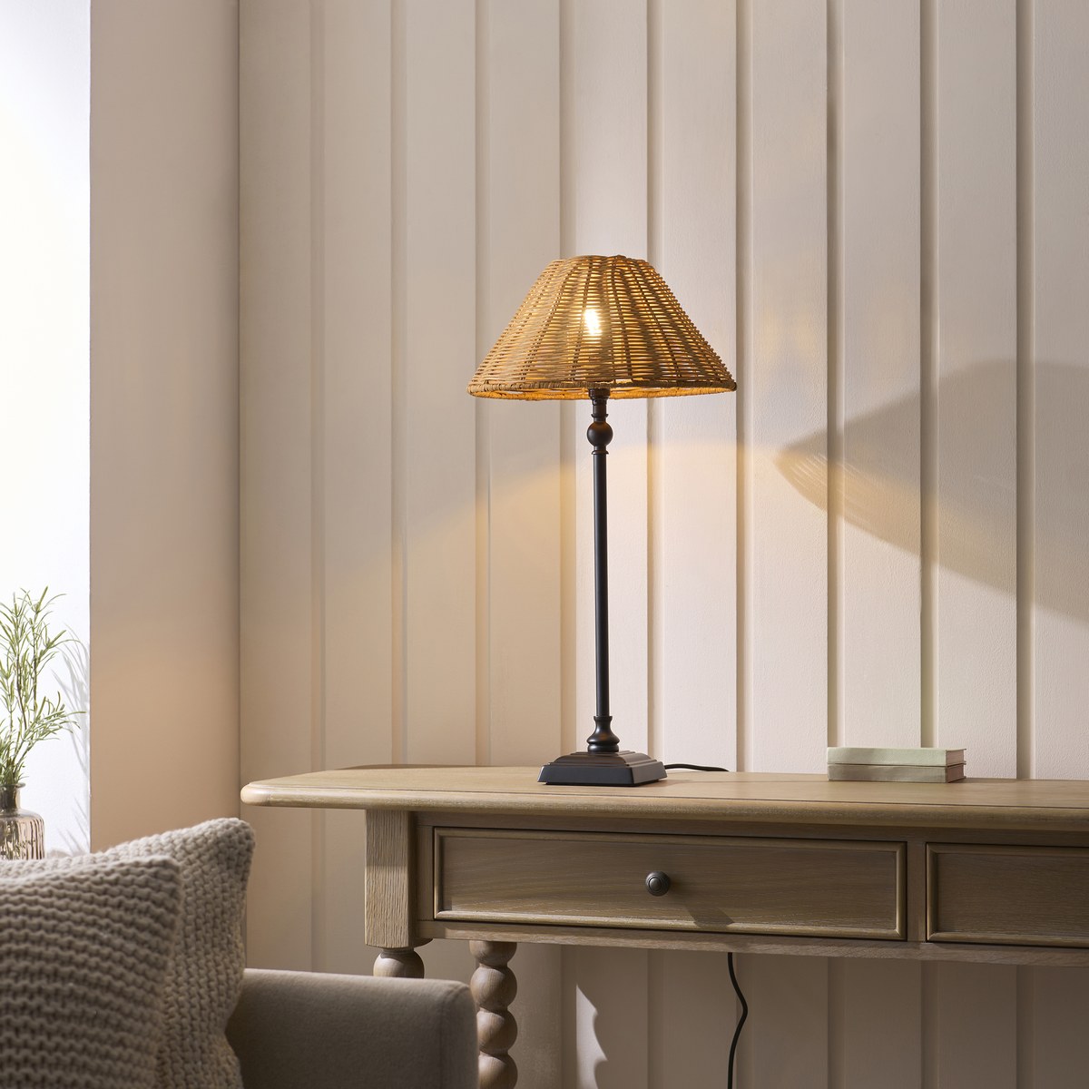 Endon Jericho Table Lamp in Matt Black with Dark Rattan Shade