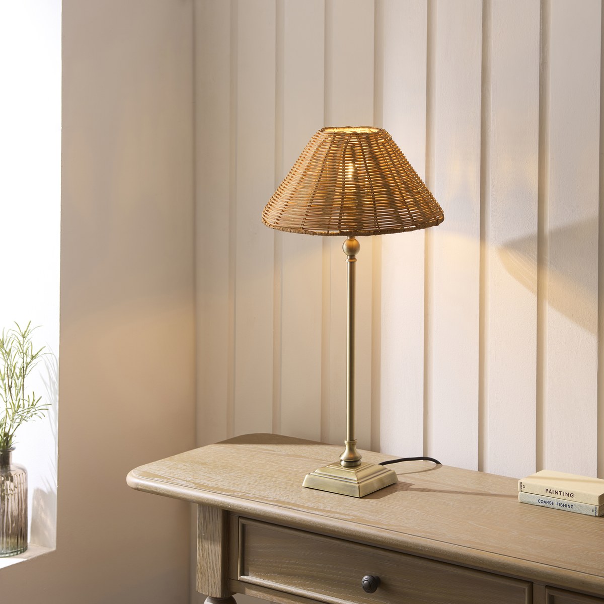 Endon Jericho Table Lamp in Antique Brass with Dark Rattan Shade
