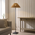 Endon Jericho Floor Lamp in Matt Black with Dark Rattan Shade