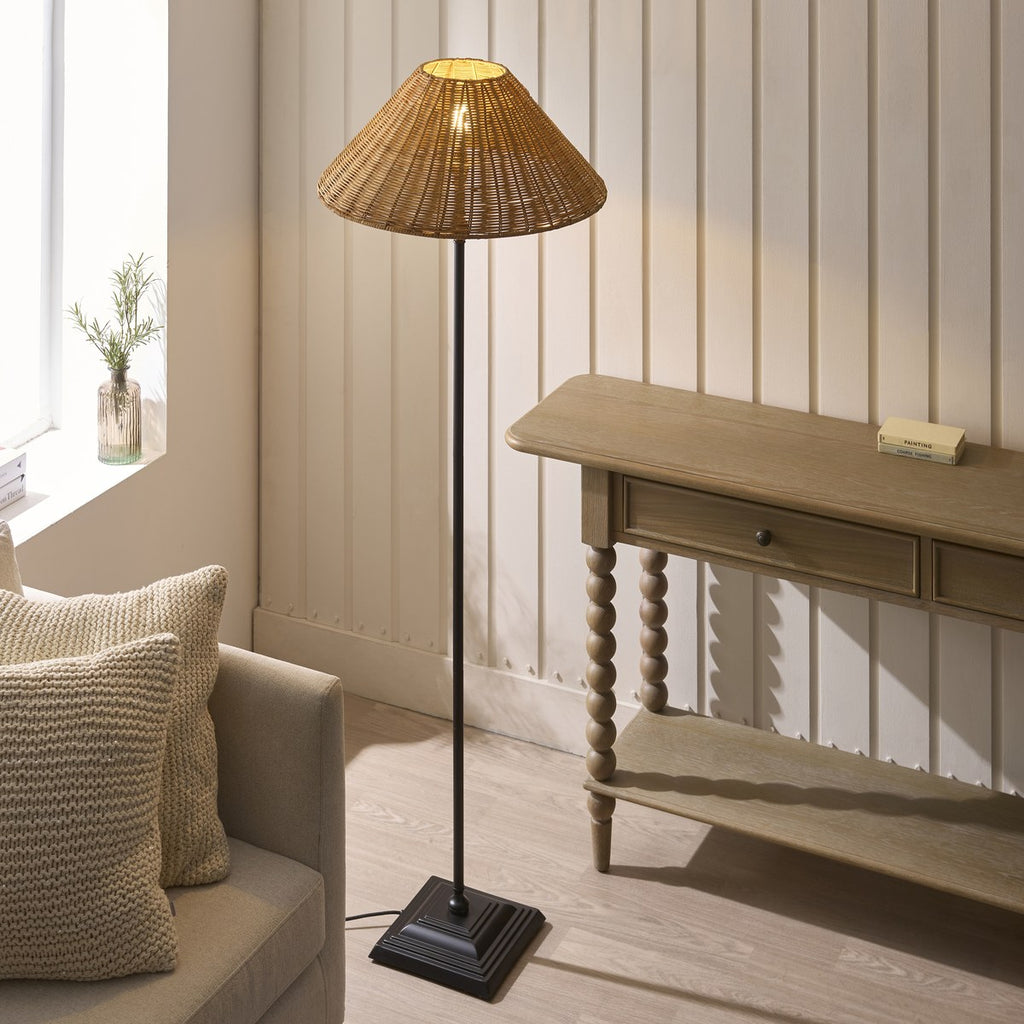 Endon Jericho Floor Lamp in Matt Black with Dark Rattan Shade