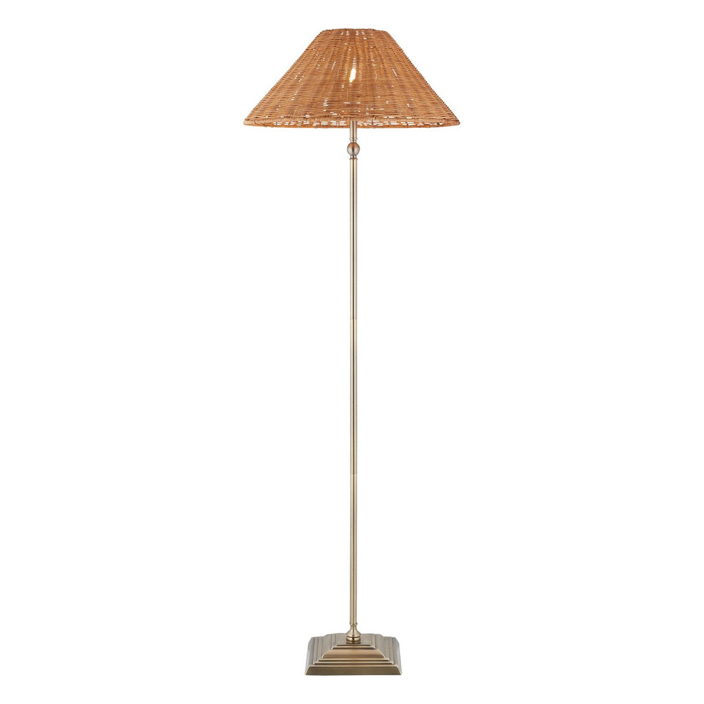 Endon Jericho Floor Lamp in Antique Brass with Dark Rattan Shade