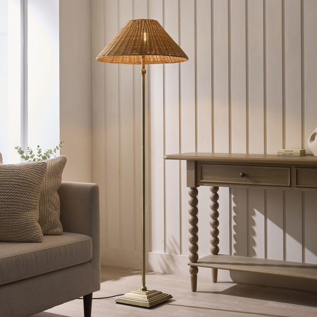 Endon Jericho Floor Lamp in Antique Brass with Dark Rattan Shade