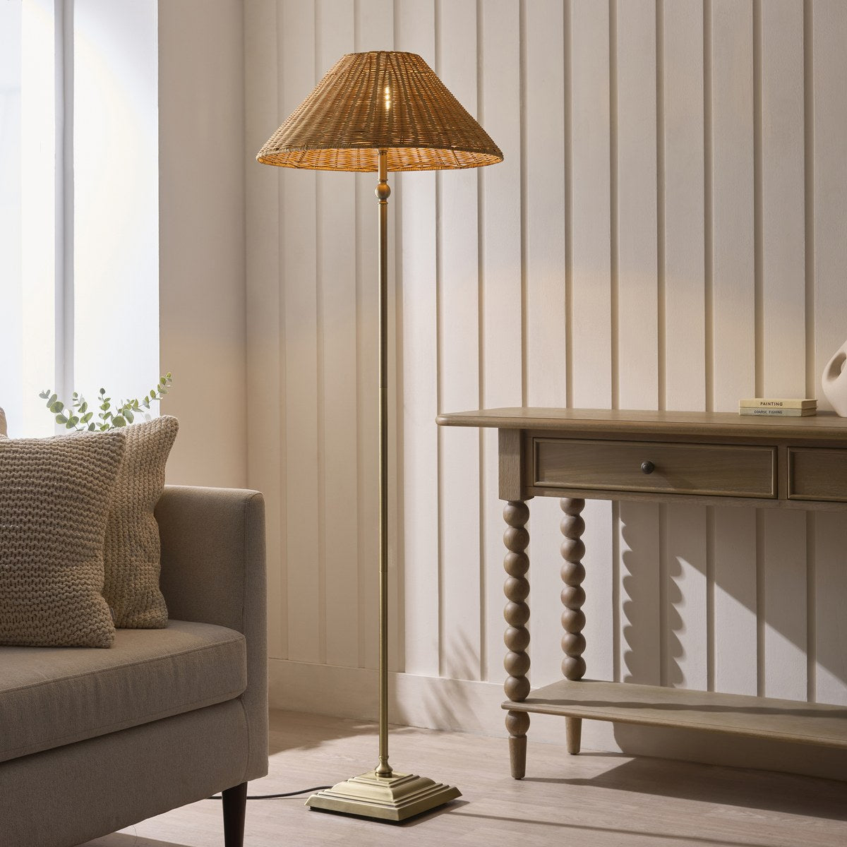Endon Jericho Floor Lamp in Antique Brass with Dark Rattan Shade