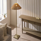 Endon Jericho Floor Lamp in Antique Brass with Dark Rattan Shade