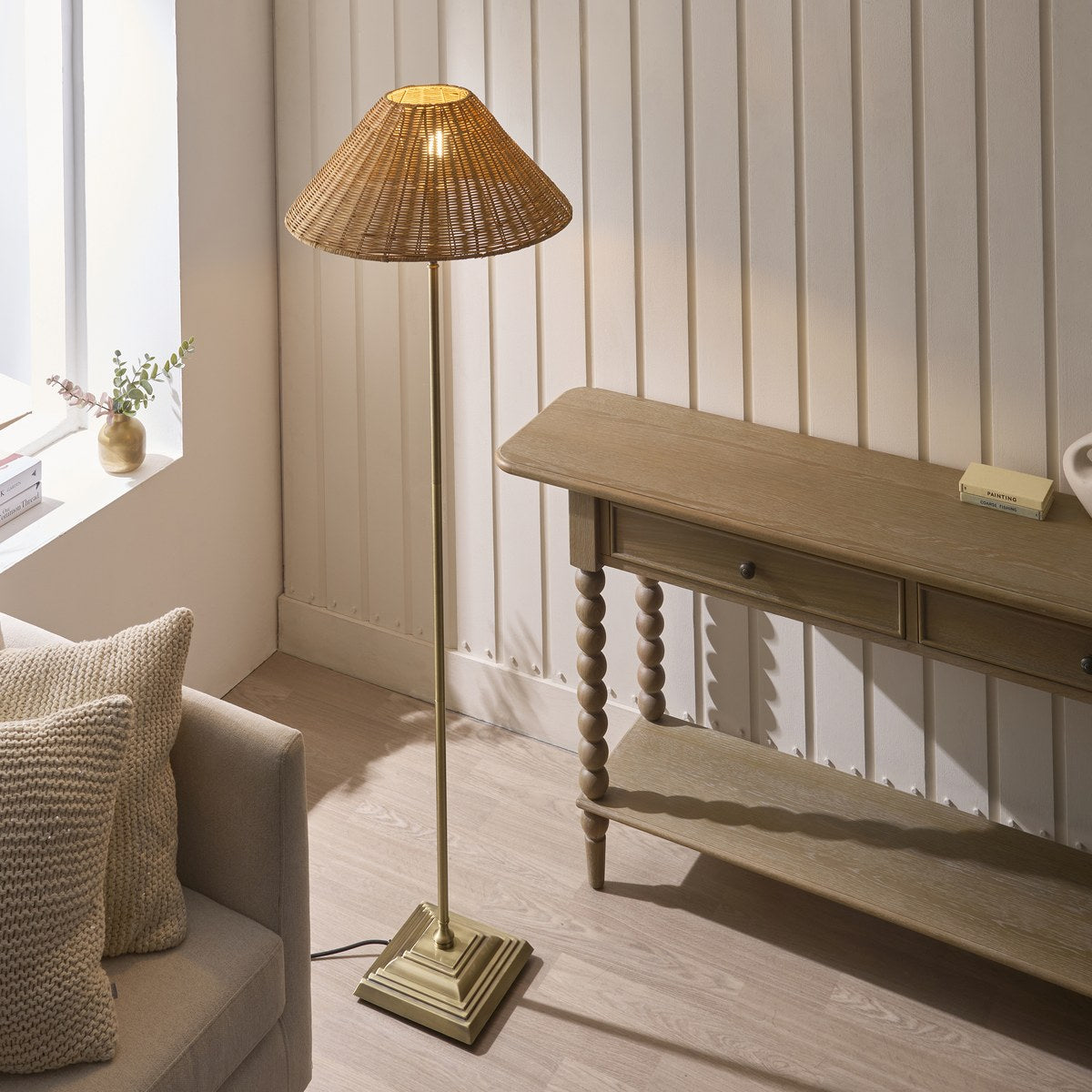 Endon Jericho Floor Lamp in Antique Brass with Dark Rattan Shade