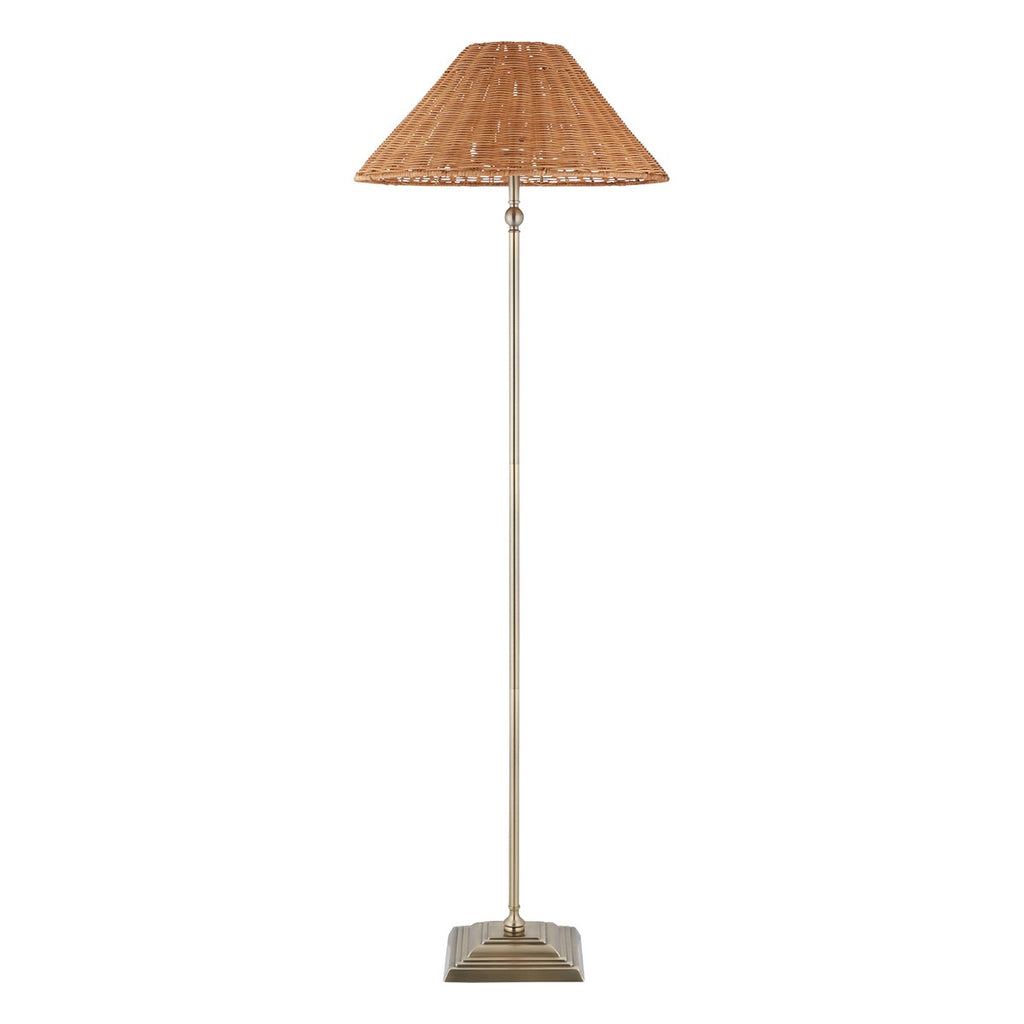 Endon Jericho Floor Lamp in Antique Brass with Dark Rattan Shade