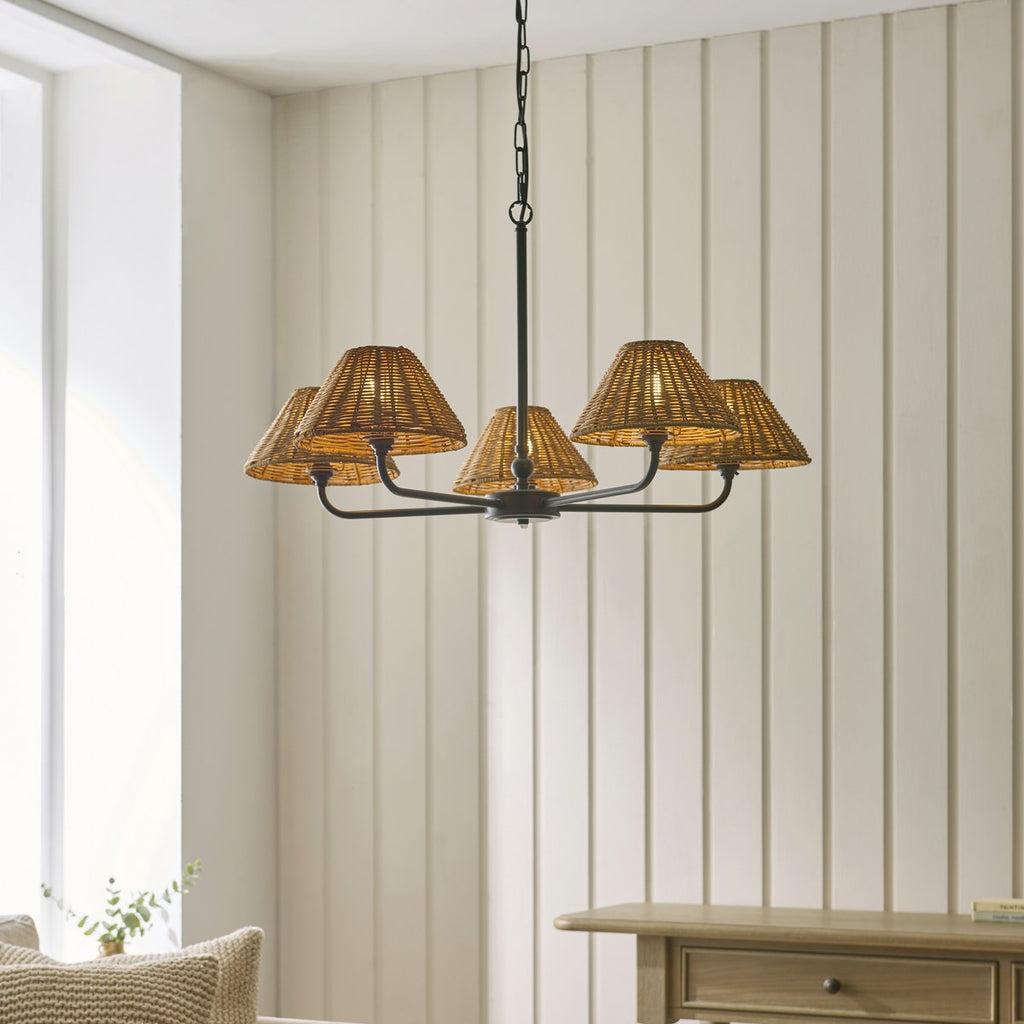 Endon Jericho 5 Light Pendant Light in Matt Black with Dark Rattan Shades
