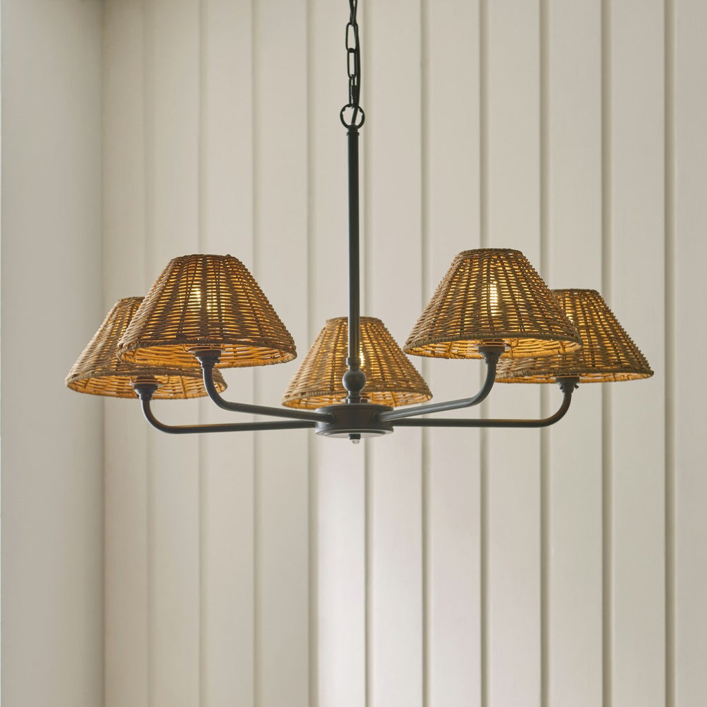 Endon Jericho 5 Light Pendant Light in Matt Black with Dark Rattan Shades