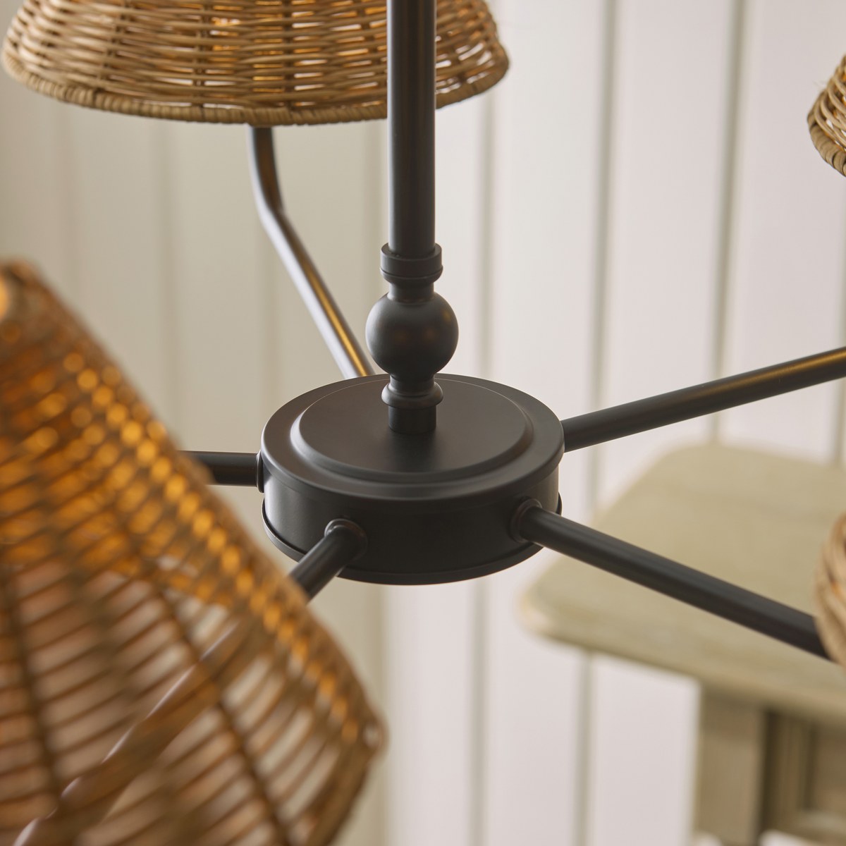 Endon Jericho 5 Light Pendant Light in Matt Black with Dark Rattan Shades