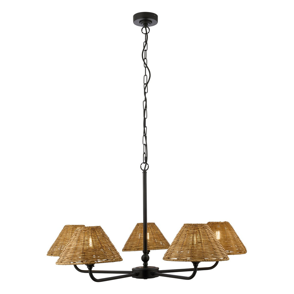 Endon Jericho 5 Light Pendant Light in Matt Black with Dark Rattan Shades