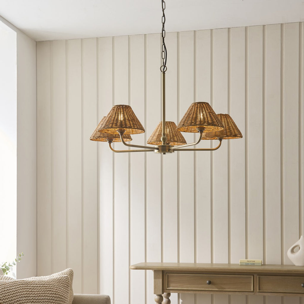 Endon Jericho 5 Light Pendant Light in Antique Brass with Dark Rattan Shades