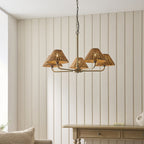Endon Jericho 5 Light Pendant Light in Antique Brass with Dark Rattan Shades