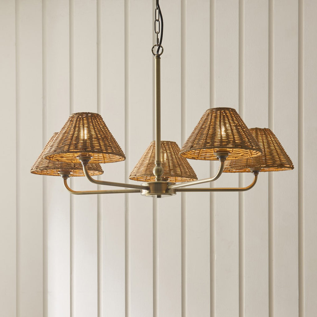 Endon Jericho 5 Light Pendant Light in Antique Brass with Dark Rattan Shades