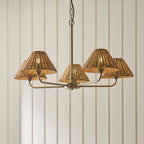 Endon Jericho 5 Light Pendant Light in Antique Brass with Dark Rattan Shades