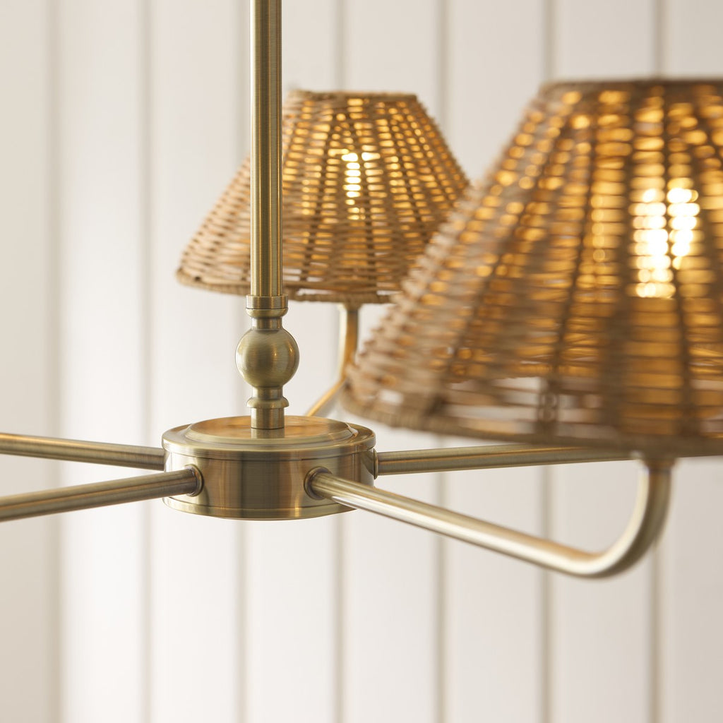 Endon Jericho 5 Light Pendant Light in Antique Brass with Dark Rattan Shades