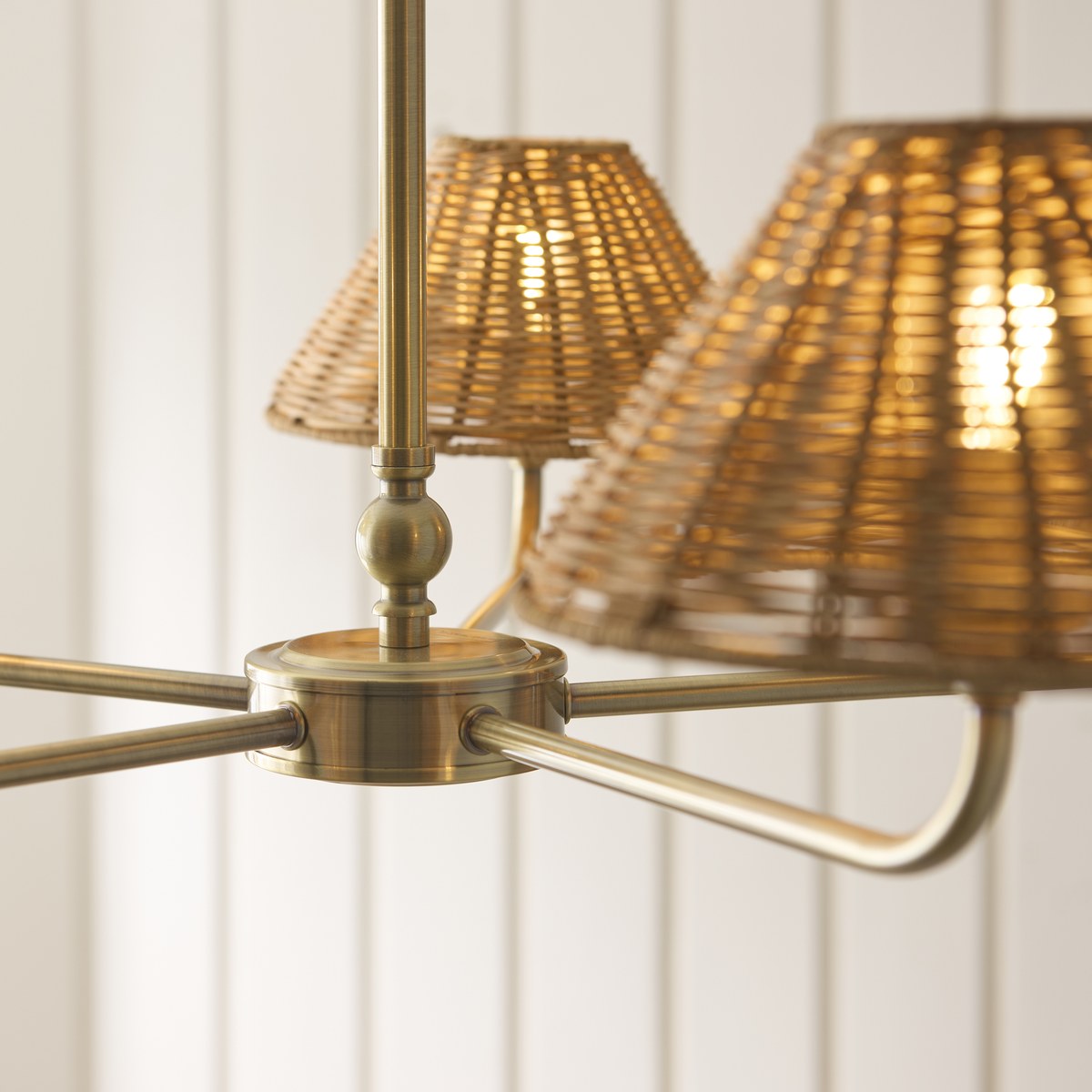 Endon Jericho 5 Light Pendant Light in Antique Brass with Dark Rattan Shades