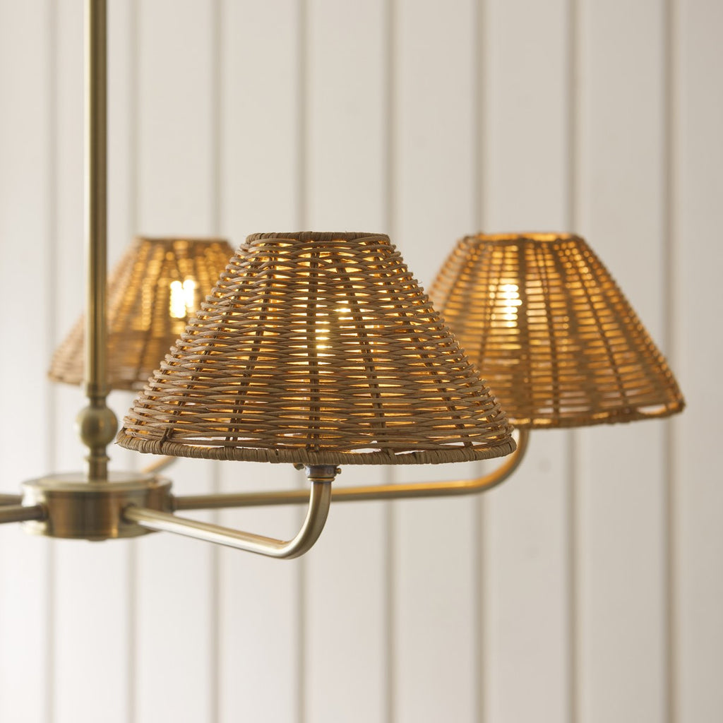 Endon Jericho 5 Light Pendant Light in Antique Brass with Dark Rattan Shades
