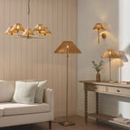 Endon Jericho 5 Light Pendant Light in Antique Brass with Dark Rattan Shades