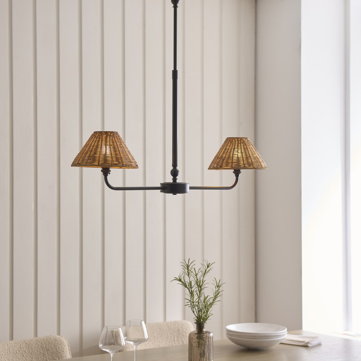 Endon Jericho 2 Light Pendant Light in Matt Black with Dark Rattan Shades