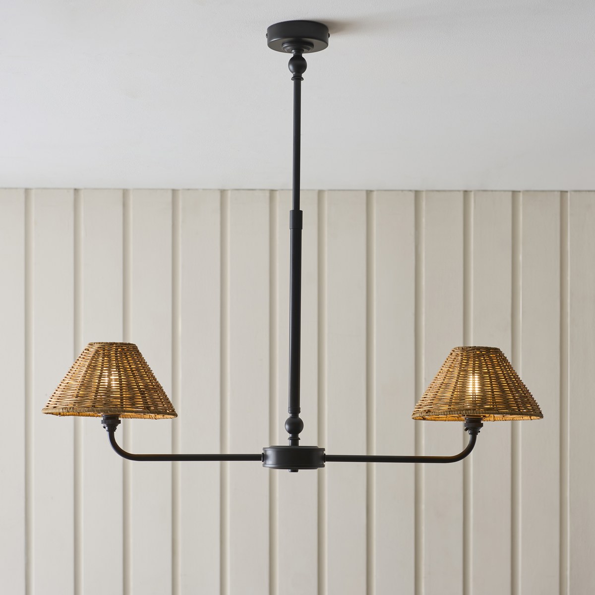 Endon Jericho 2 Light Pendant Light in Matt Black with Dark Rattan Shades