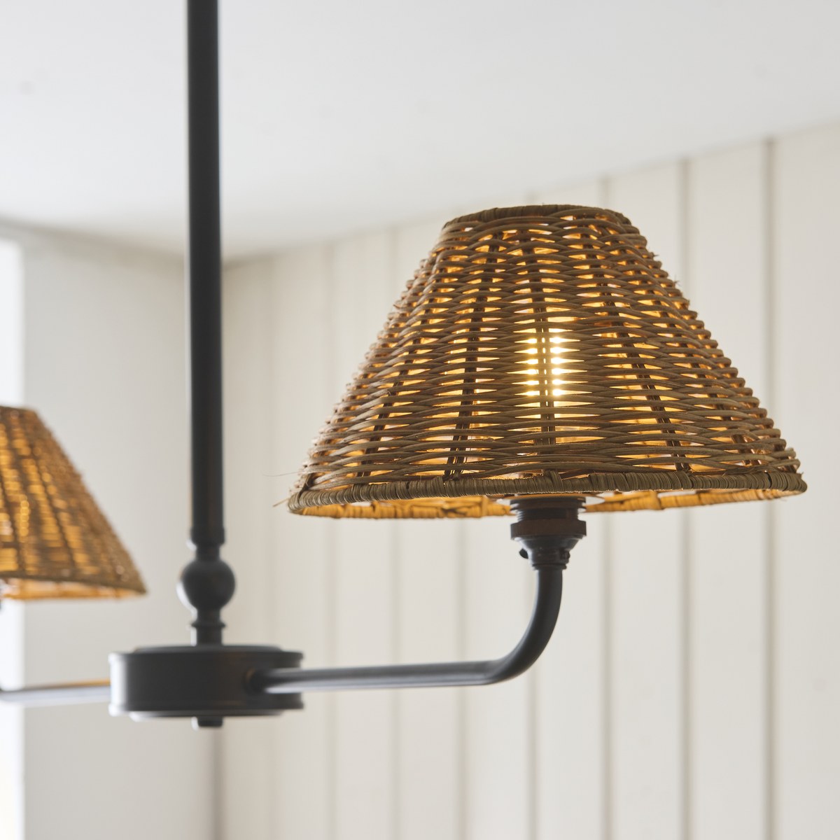 Endon Jericho 2 Light Pendant Light in Matt Black with Dark Rattan Shades