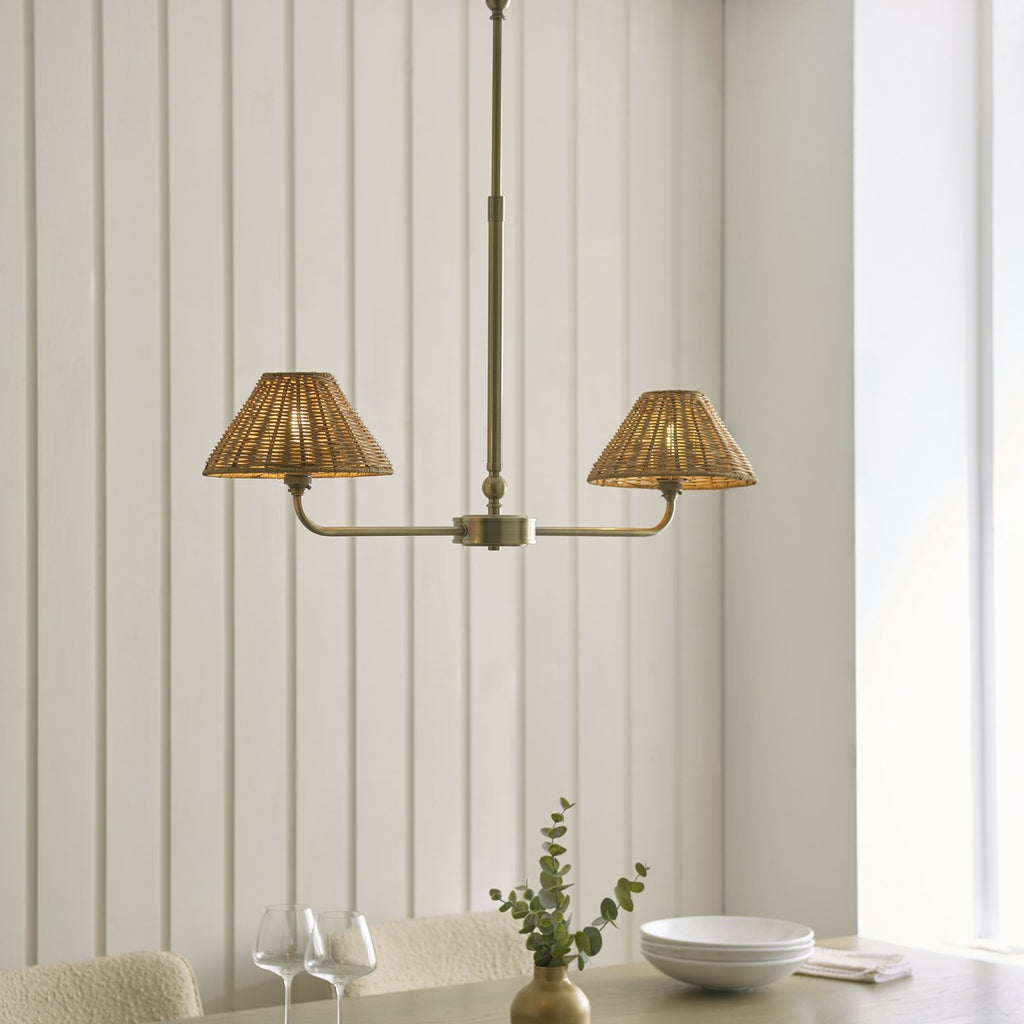 Endon Jericho 2 Light Pendant Light in Antique Brass with Dark Rattan Shades