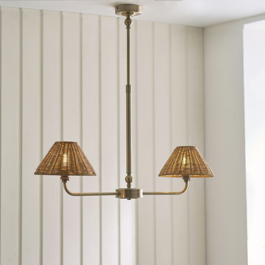 Endon Jericho 2 Light Pendant Light in Antique Brass with Dark Rattan Shades