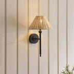 Endon Jericho Wall Light in Matt Black with Natural Rattan Shade